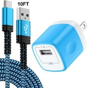 Type C Charger Block,with 3A Android Charger Fast Charging Cable 10ft 5V/1A Usb Charger Block Wall Adapter Plug Brick Phone Chargers for Android Phone Charger Block Type C,Blue